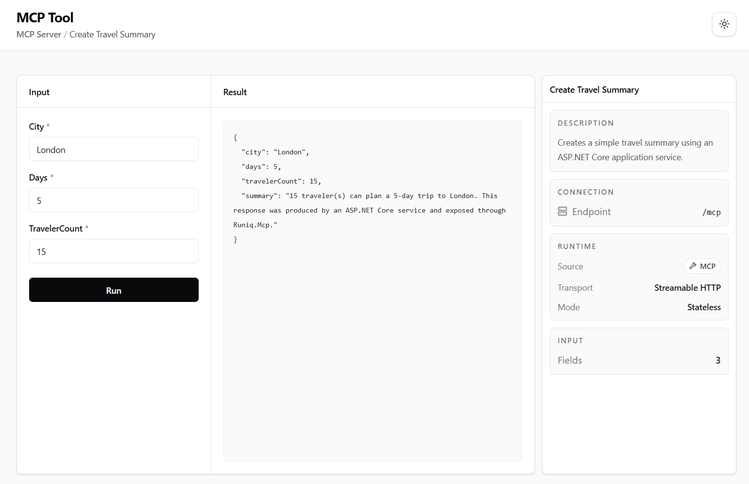 Running an MCP tool in the Runiq Dashboard