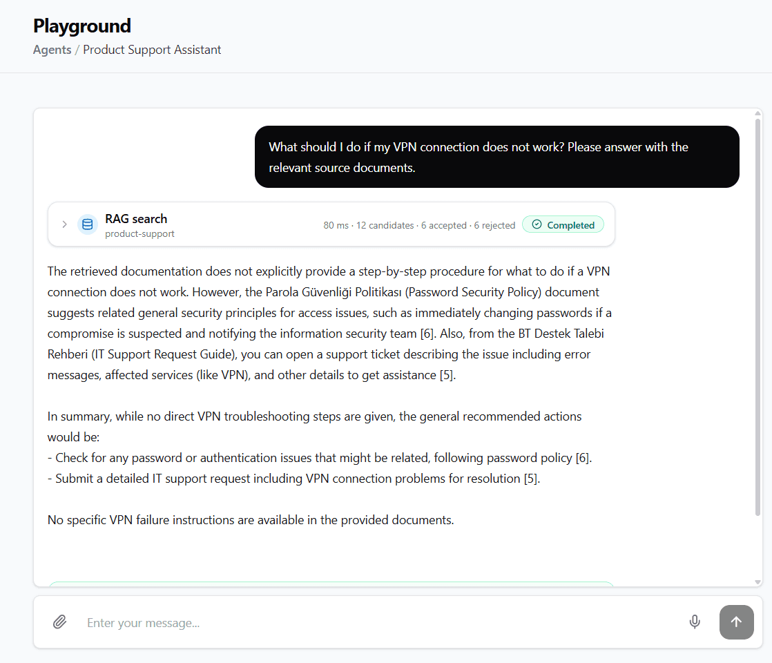 Product Support Assistant answering a VPN question with a completed RAG search against product-support, showing 12 candidates, 6 accepted, and 6 rejected