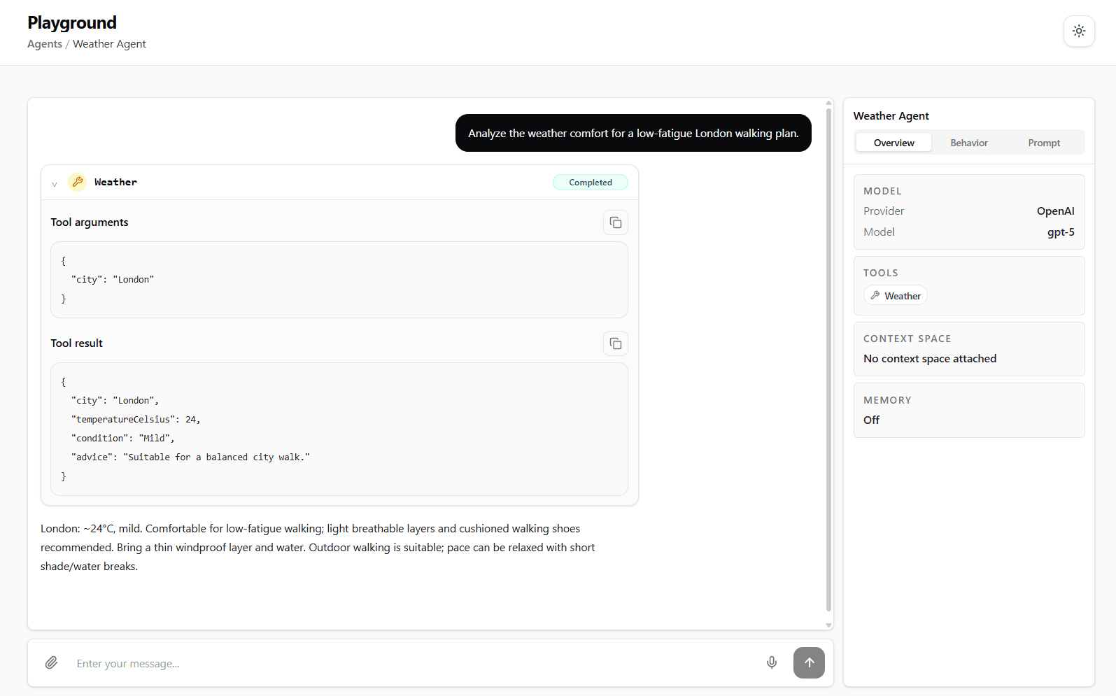 Weather Agent in the embedded Runiq Dashboard playground