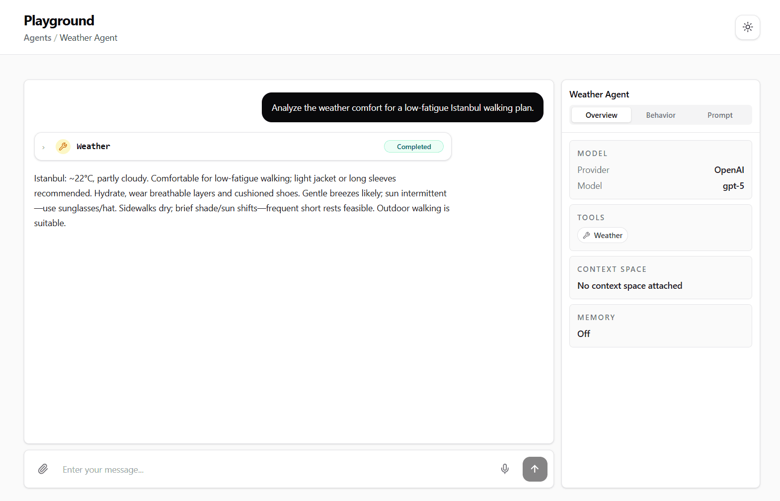 Weather Agent in the embedded Runiq Dashboard playground
