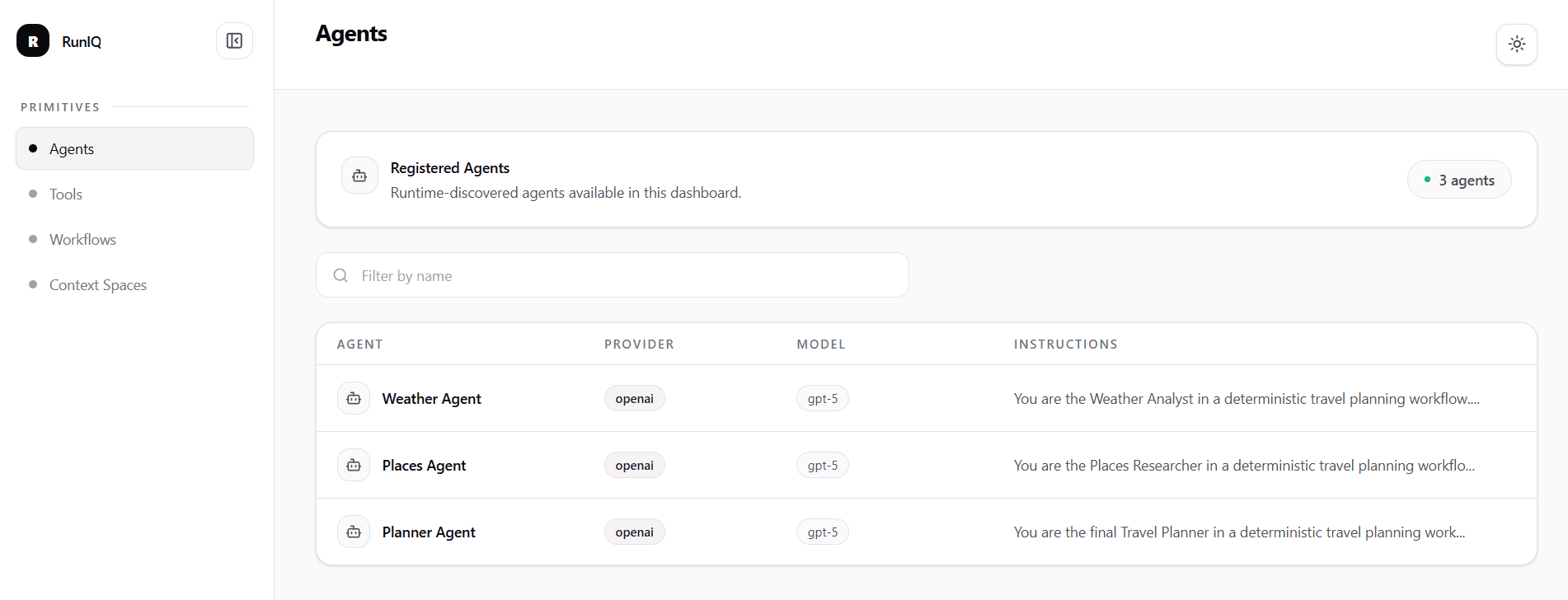 Agents list showing Weather Agent, Places Agent, and Planner Agent