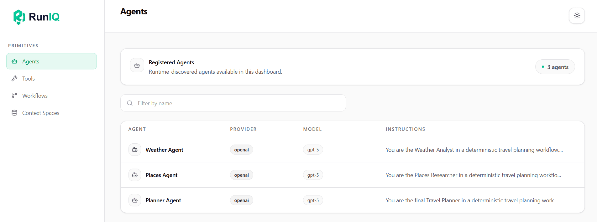 Agents list showing Weather Agent, Places Agent, and Planner Agent