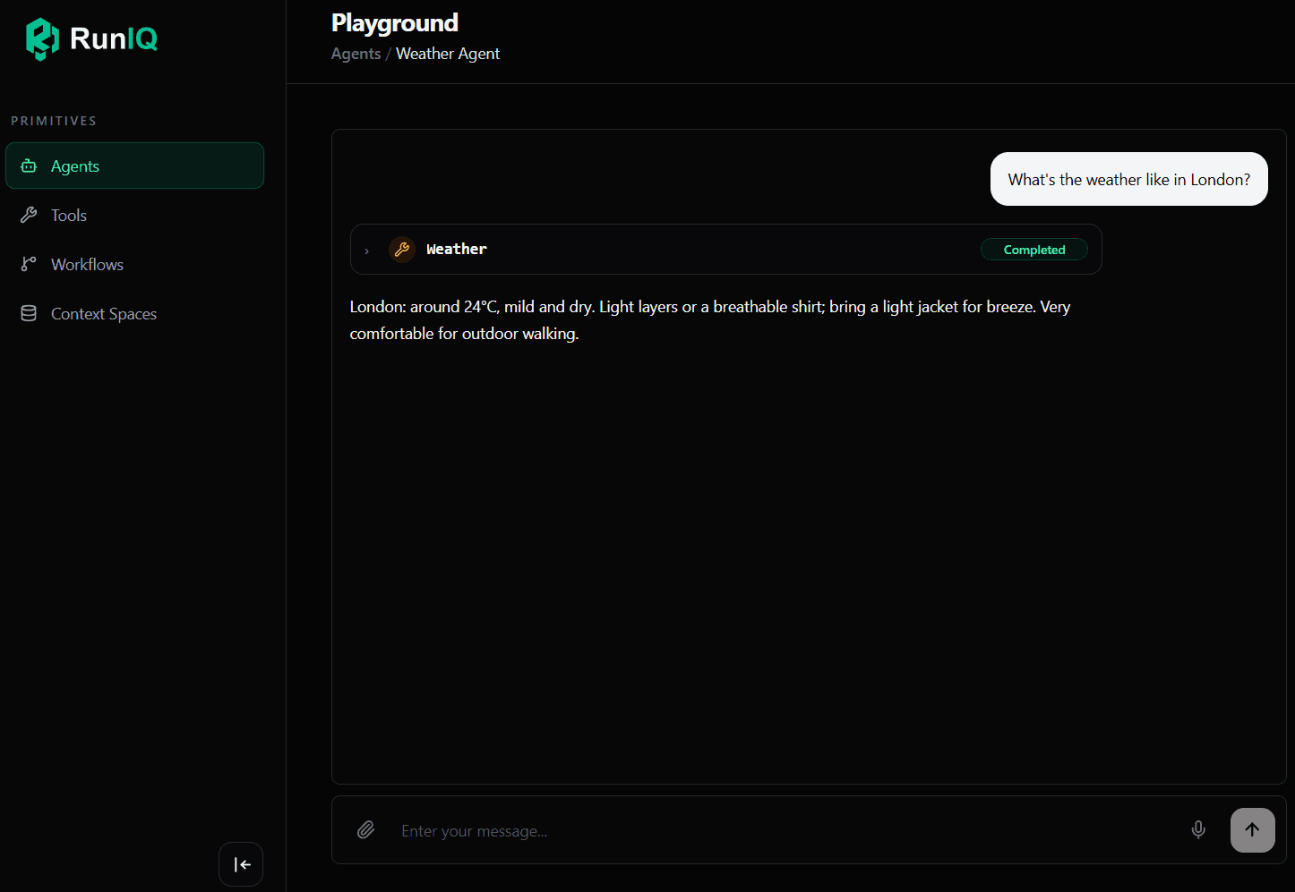 Runiq Dashboard showing agent runtime and tool execution visibility in dark mode