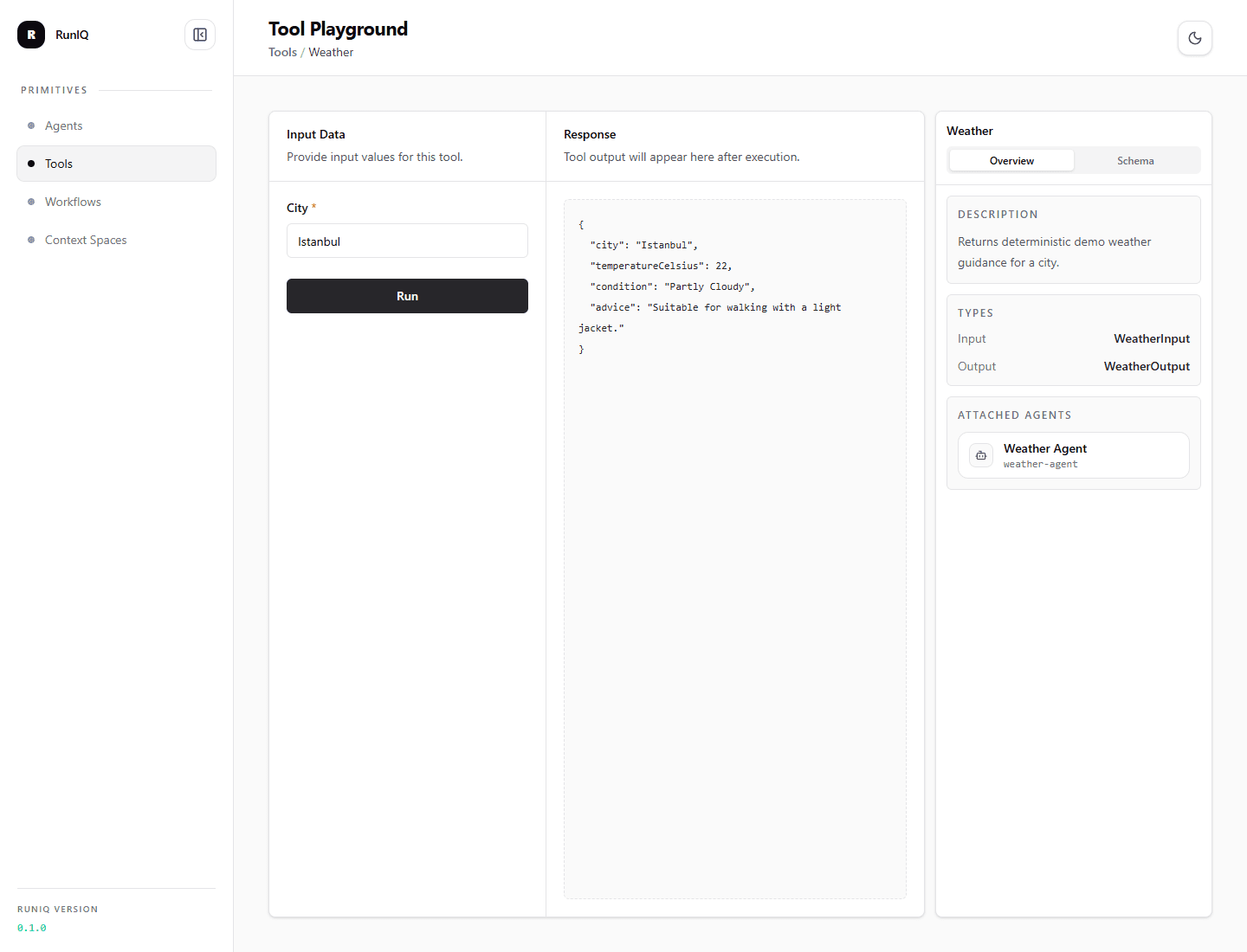 Runiq Dashboard showing agent runtime and tool execution visibility